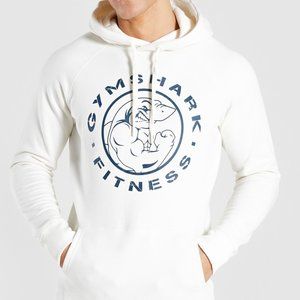 Gymshark White Legacy Hooded Sweatshirt Shark Graphic Spellout